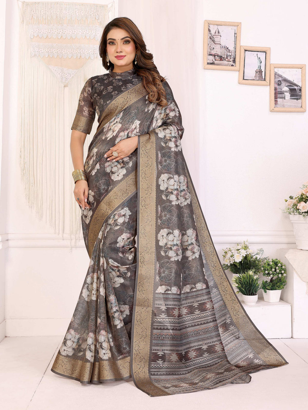 Sonakshi Women's Grey Mulberry Silk With Digital Prints Saree with Blouse | Grocsy