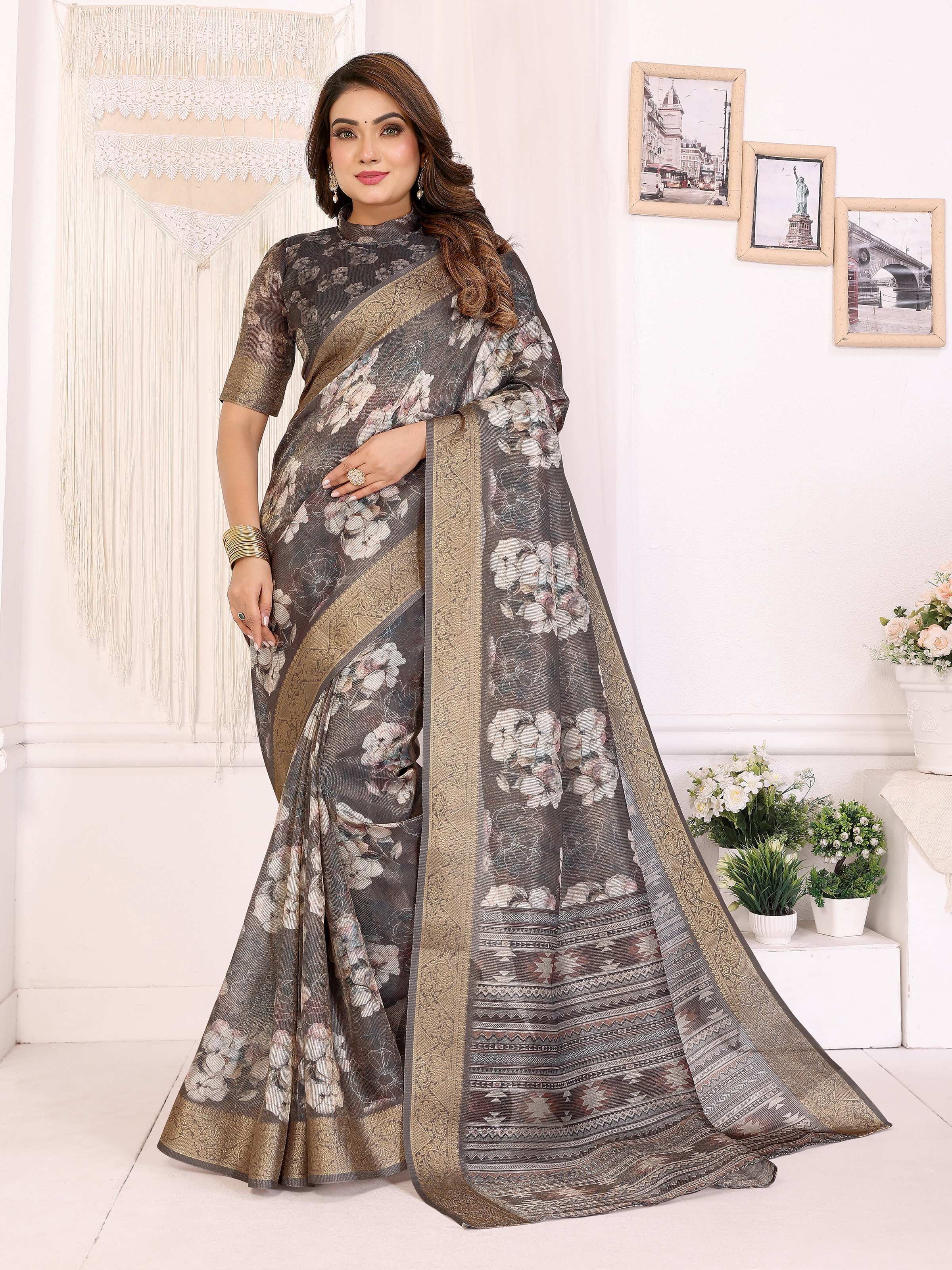 Sonakshi Women's Grey Mulberry Silk With Digital Prints Saree with Blouse | Grocsy