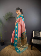 Sonakshi Women's Peach Banarasi Silk Zari Weaving Saree with Blouse | Grocsy