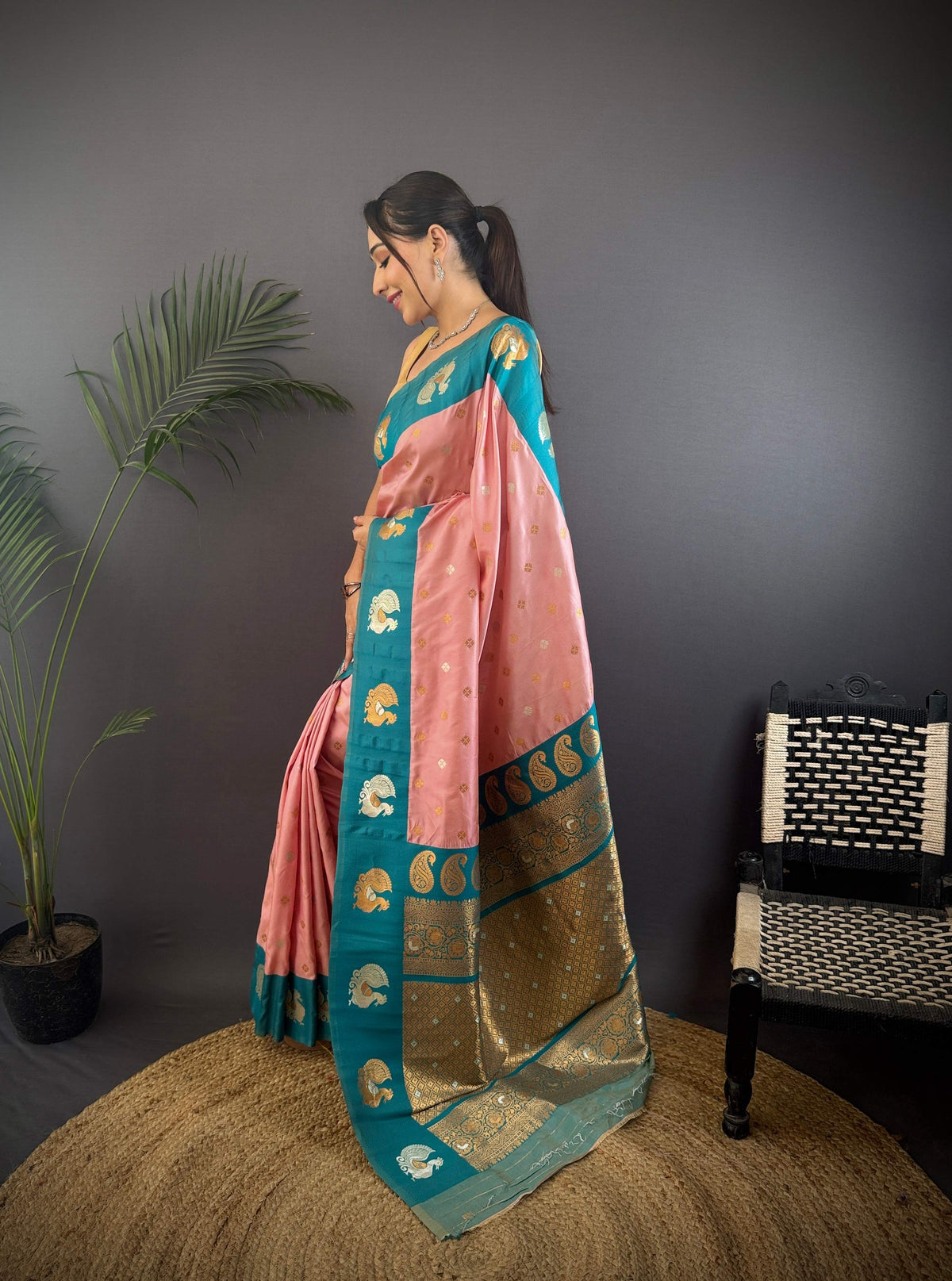 Sonakshi Women's Peach Banarasi Silk Zari Weaving Saree with Blouse | Grocsy
