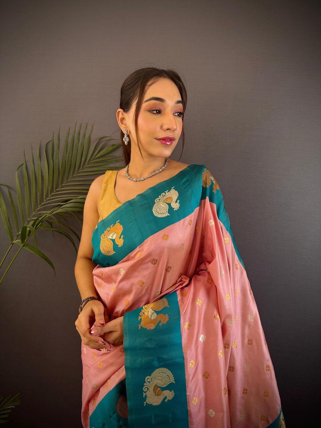 Sonakshi Women's Peach Banarasi Silk Zari Weaving Saree with Blouse | Grocsy