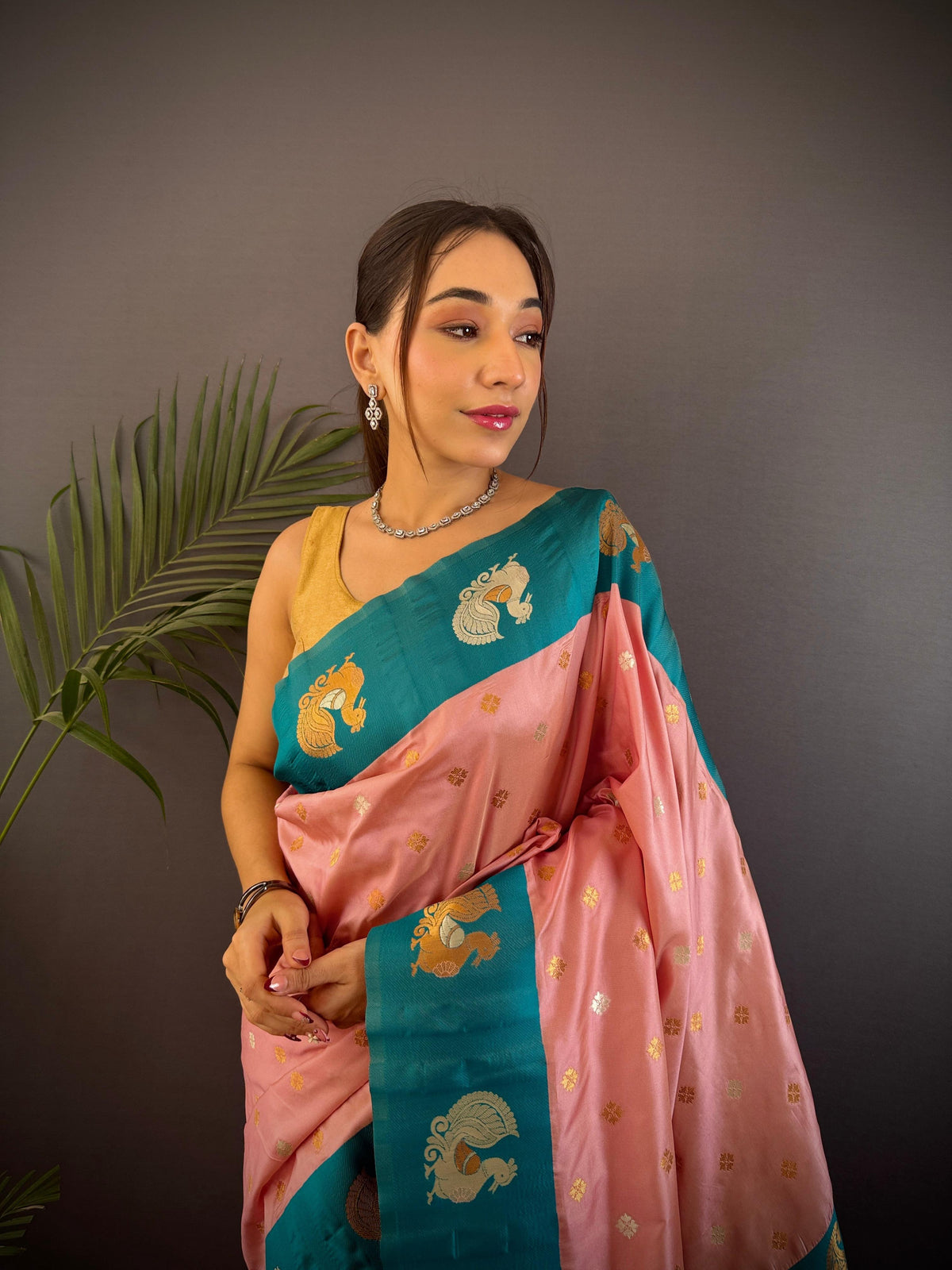Sonakshi Women's Peach Banarasi Silk Zari Weaving Saree with Blouse | Grocsy