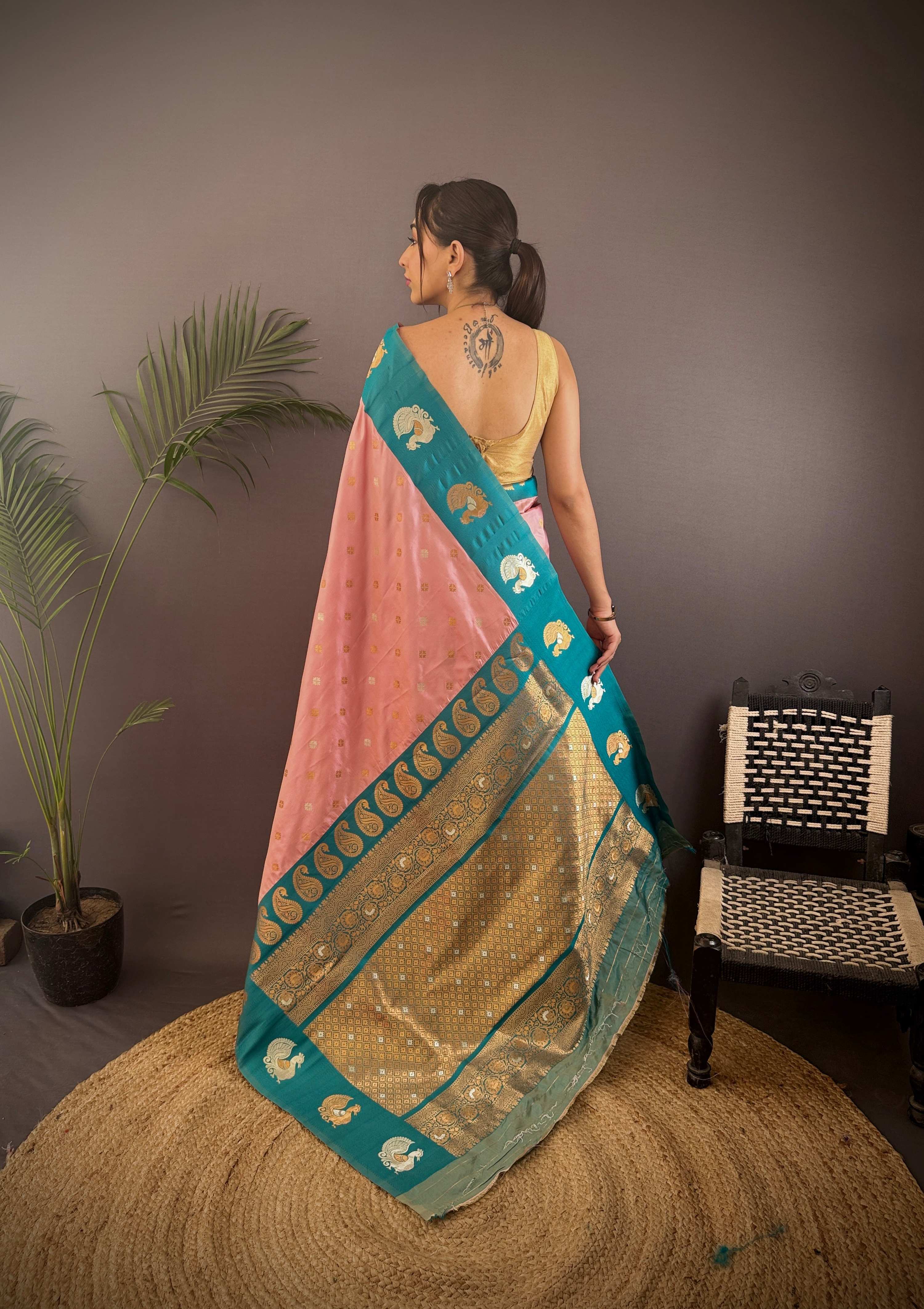 Sonakshi Women's Peach Banarasi Silk Zari Weaving Saree with Blouse | Grocsy