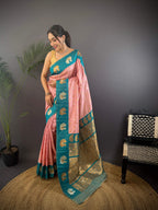 Sonakshi Women's Peach Banarasi Silk Zari Weaving Saree with Blouse | Grocsy