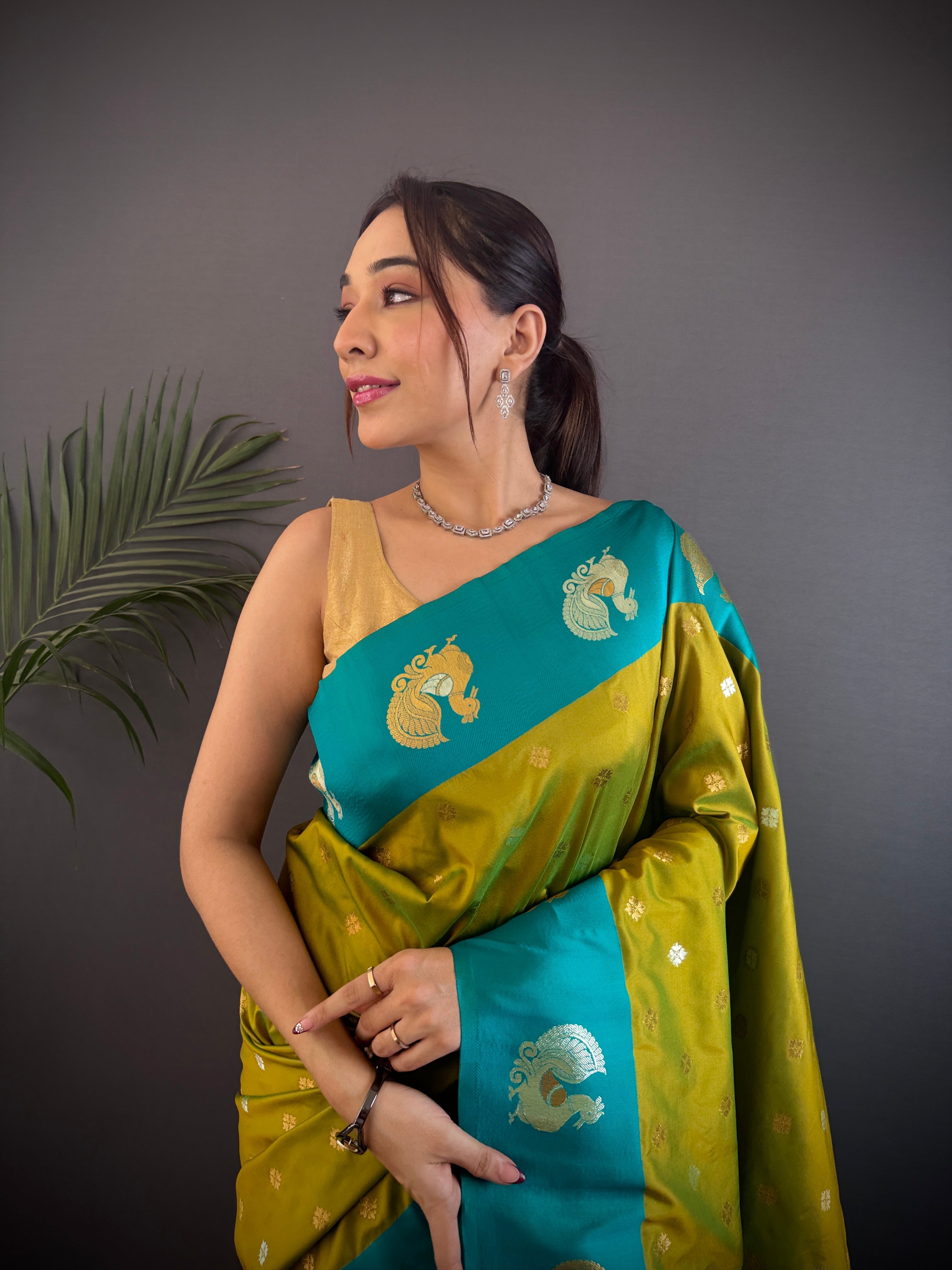 Sonakshi Women's Mehendi Banarasi Silk Zari Weaving Saree with Blouse | Grocsy