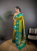Sonakshi Women's Mehendi Banarasi Silk Zari Weaving Saree with Blouse | Grocsy