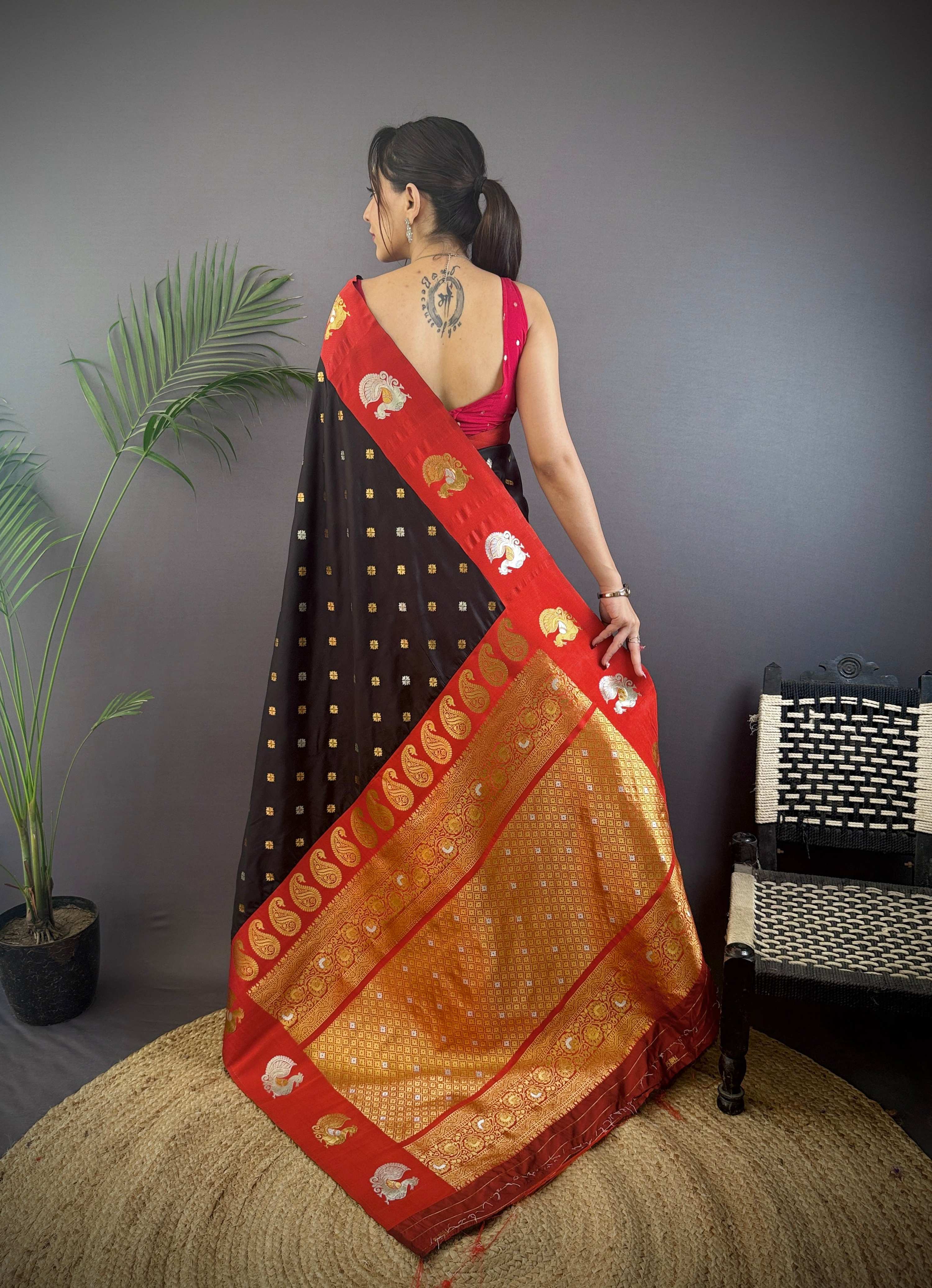 Sonakshi Women's Black Banarasi Silk Zari Weaving Saree with Blouse | Grocsy