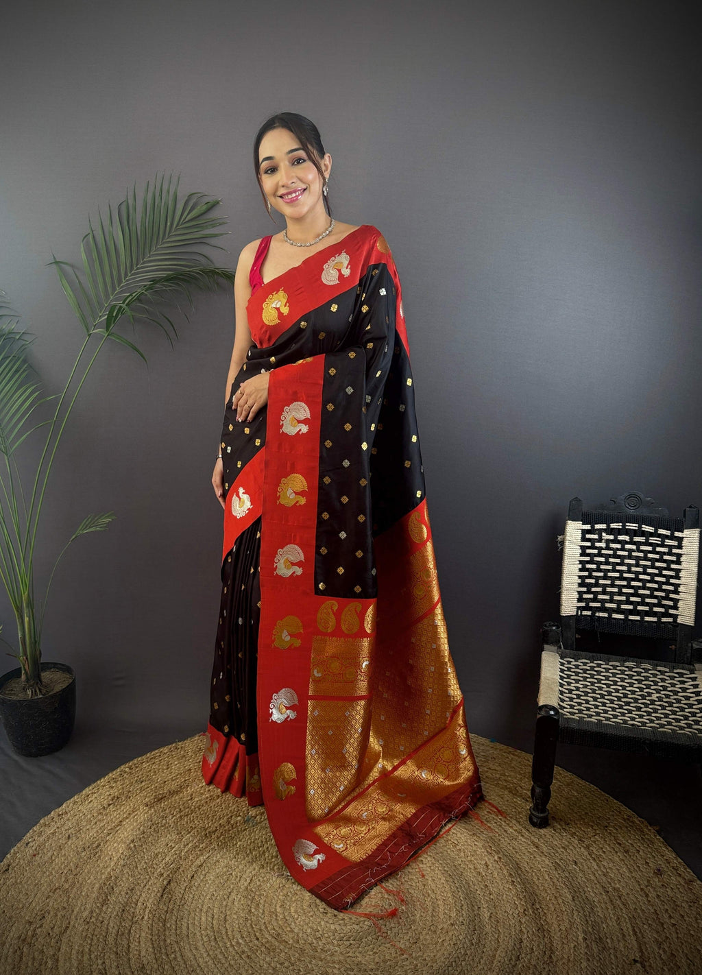 Sonakshi Women's Black Banarasi Silk Zari Weaving Saree with Blouse | Grocsy