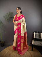 Sonakshi Women's White Banarasi Silk Zari Weaving Saree with Blouse | Grocsy