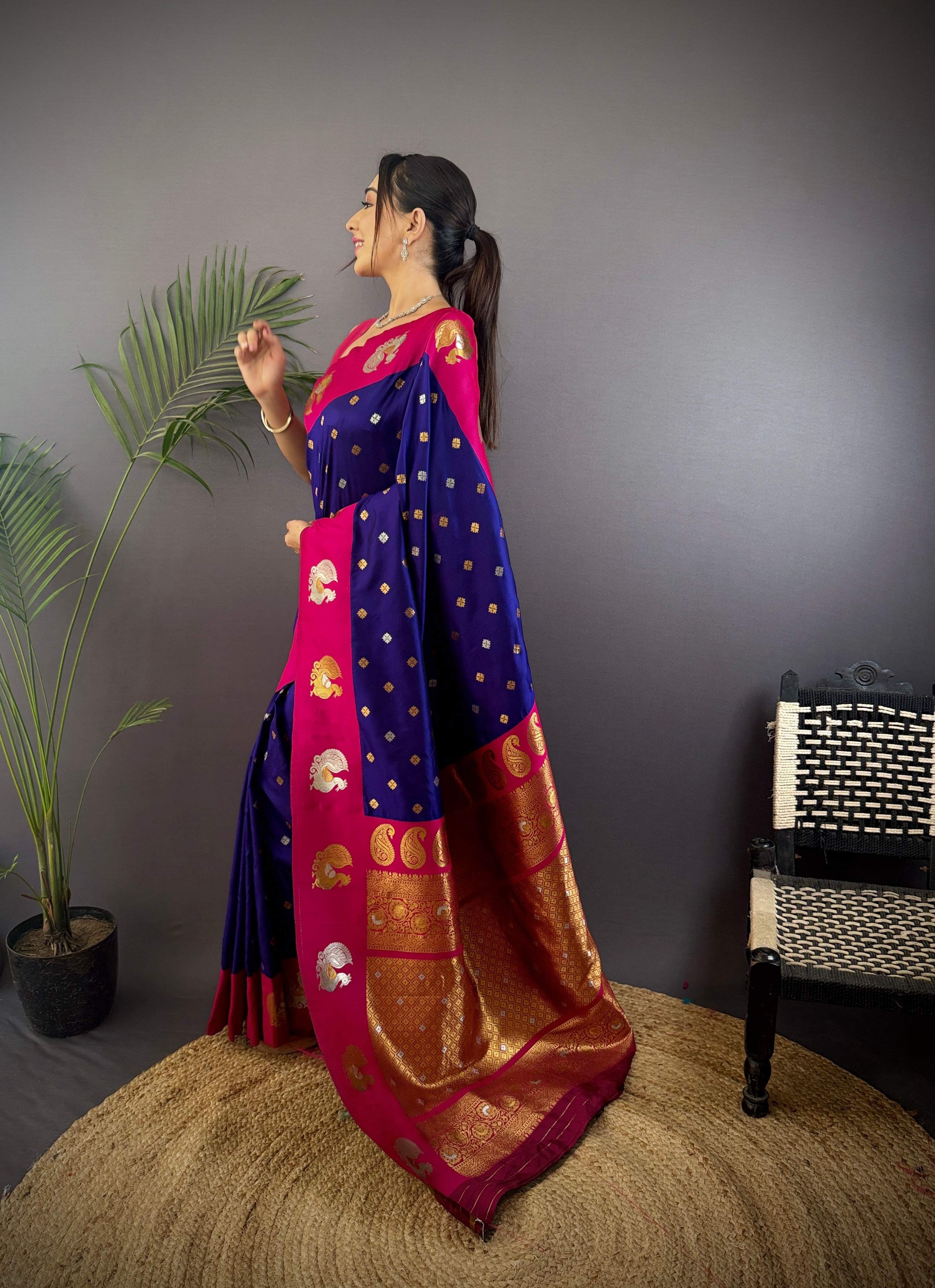 Sonakshi Women's Blue Banarasi Silk Zari Weaving Saree with Blouse | Grocsy