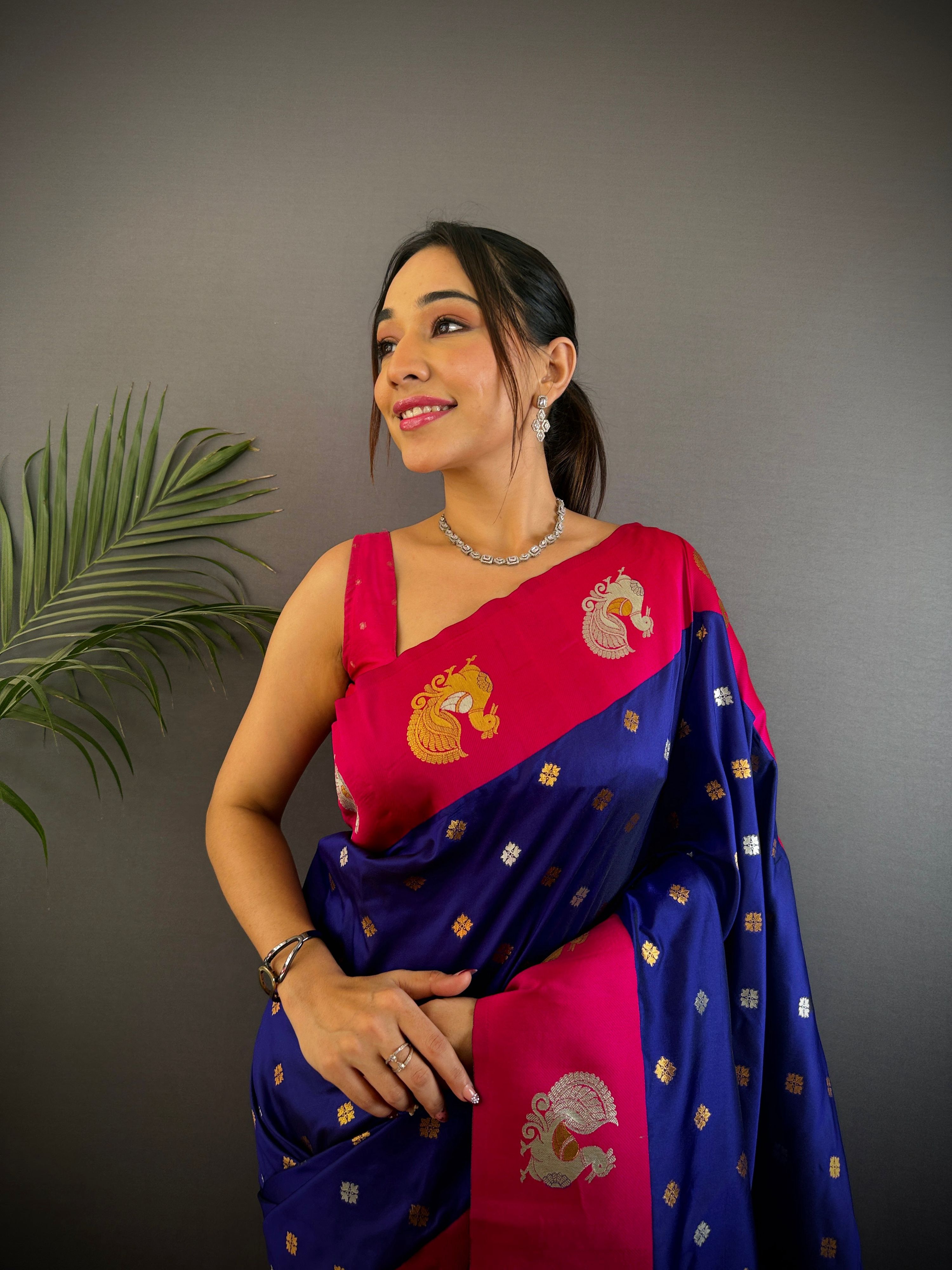 Sonakshi Women's Blue Banarasi Silk Zari Weaving Saree with Blouse | Grocsy