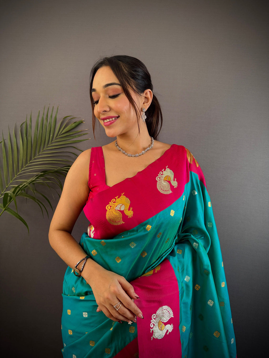 Sonakshi Women's Seagreen Banarasi Silk Zari Weaving Saree with Blouse | Grocsy