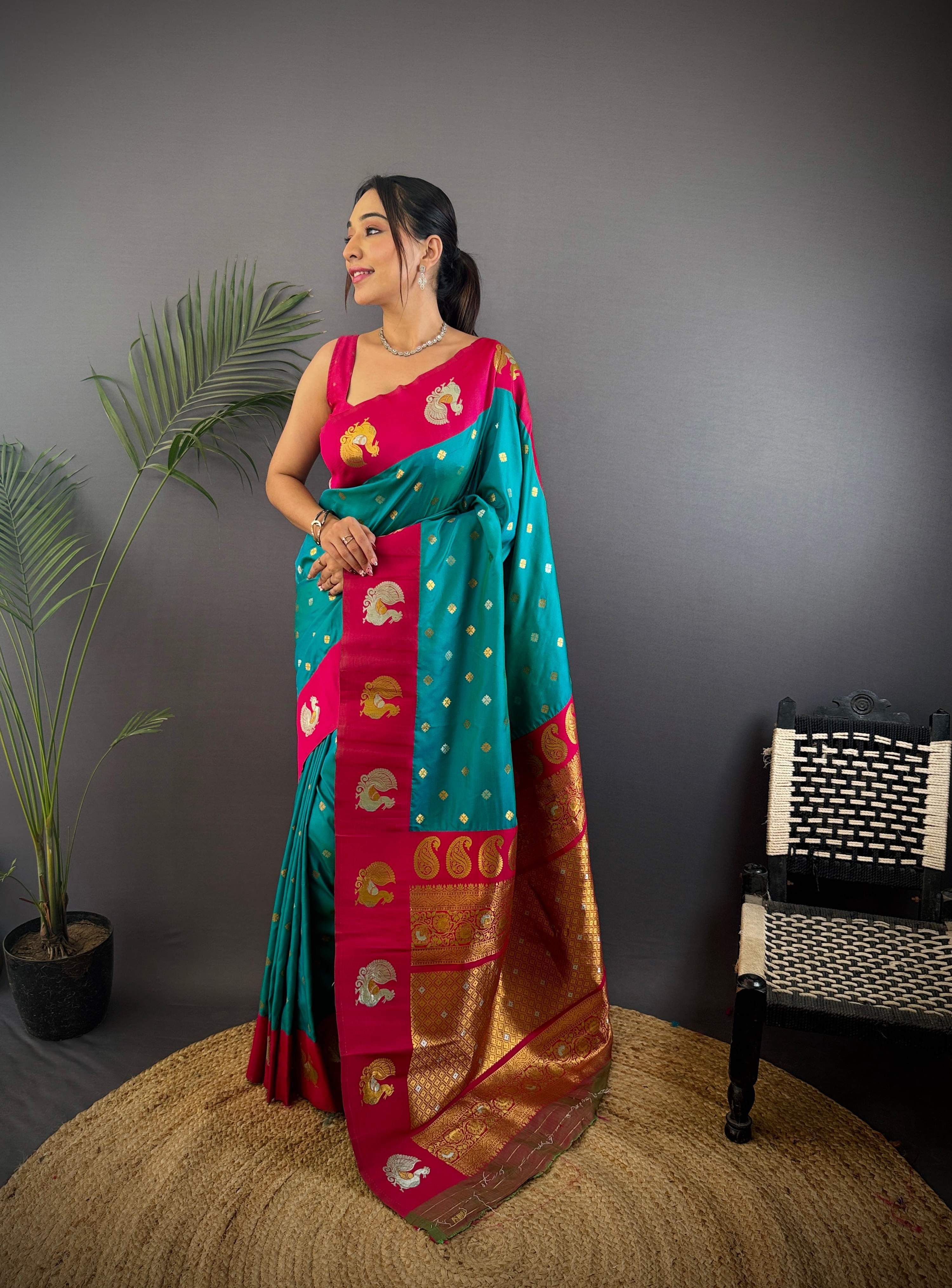 Sonakshi Women's Seagreen Banarasi Silk Zari Weaving Saree with Blouse | Grocsy