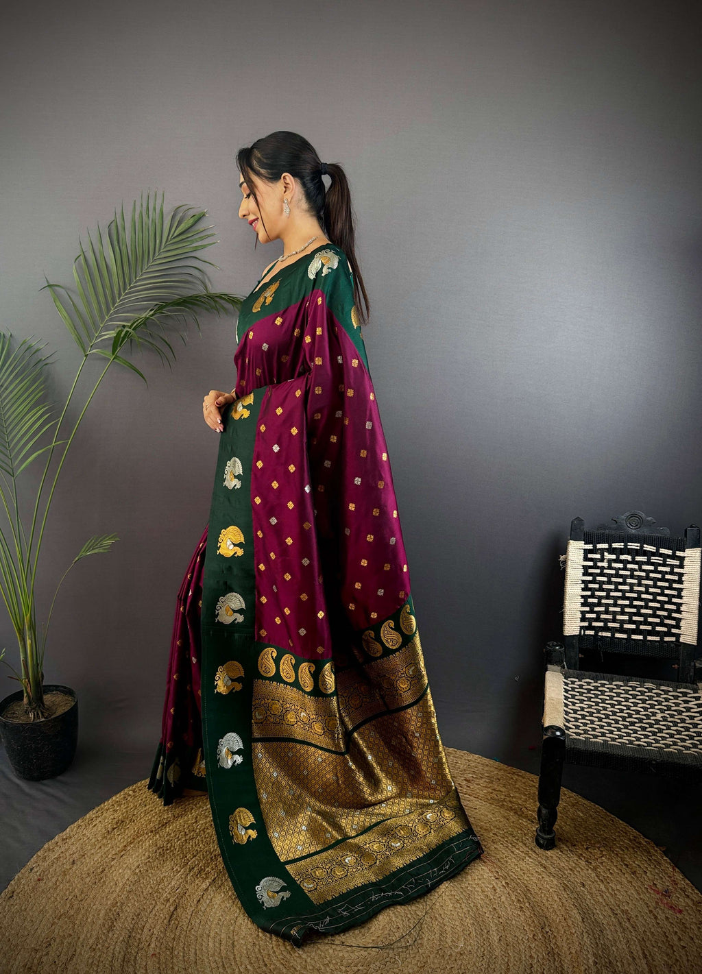 Sonakshi Women's Wine Banarasi Silk Zari Weaving Saree with Blouse | Grocsy