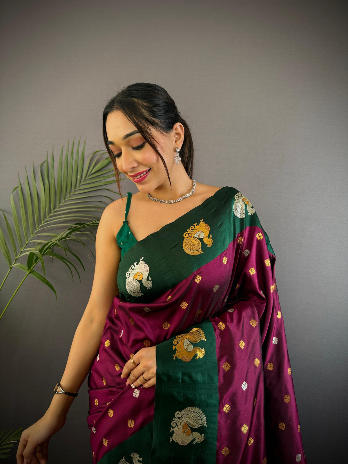 Sonakshi Women's Wine Banarasi Silk Zari Weaving Saree with Blouse | Grocsy