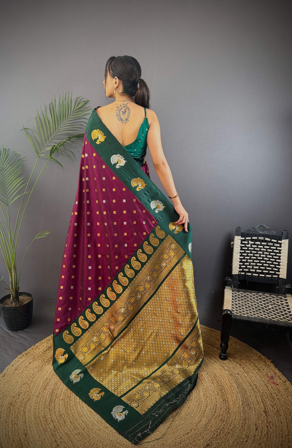 Sonakshi Women's Wine Banarasi Silk Zari Weaving Saree with Blouse | Grocsy