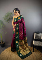 Sonakshi Women's Wine Banarasi Silk Zari Weaving Saree with Blouse | Grocsy