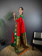 Sonakshi Women's Red Banarasi Silk Zari Weaving Saree with Blouse | Grocsy