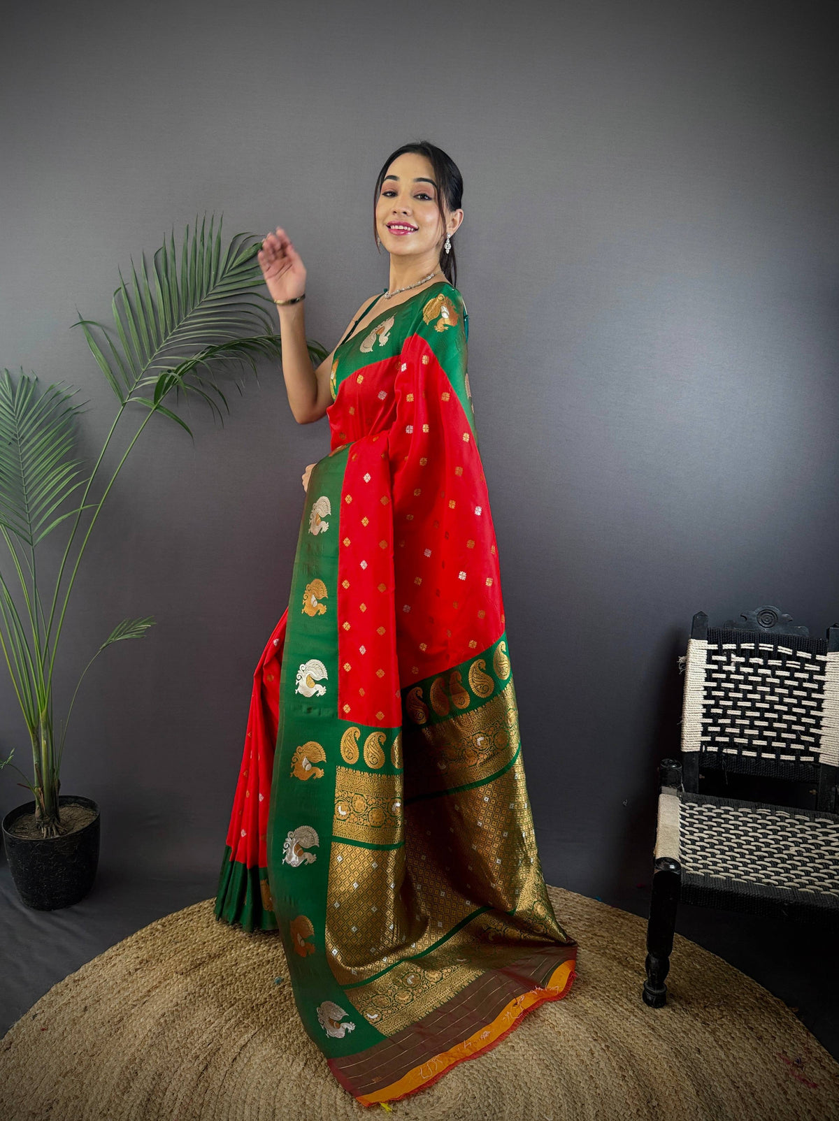 Sonakshi Women's Red Banarasi Silk Zari Weaving Saree with Blouse | Grocsy