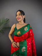 Sonakshi Women's Red Banarasi Silk Zari Weaving Saree with Blouse | Grocsy