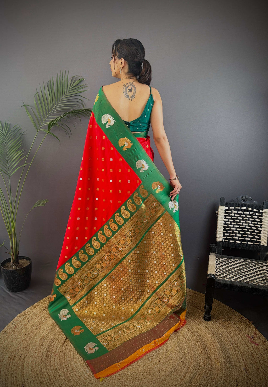 Sonakshi Women's Red Banarasi Silk Zari Weaving Saree with Blouse | Grocsy