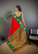 Sonakshi Women's Red Banarasi Silk Zari Weaving Saree with Blouse | Grocsy