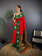 Sonakshi Women's Red Banarasi Silk Zari Weaving Saree with Blouse | Grocsy