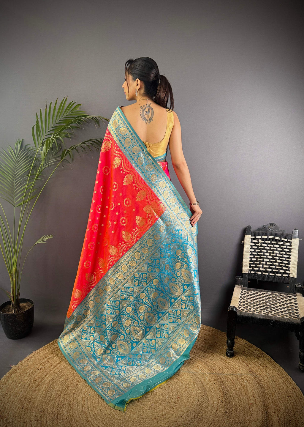 Sonakshi Women's Gajri Banarasi Silk Zari Weaving Saree with Blouse | Grocsy