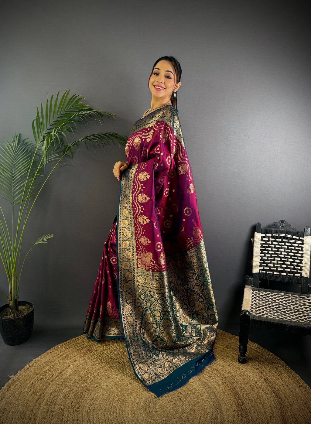 Sonakshi Women's Wine Banarasi Silk Zari Weaving Saree with Blouse | Grocsy