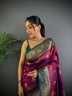 Sonakshi Women's Wine Banarasi Silk Zari Weaving Saree with Blouse | Grocsy