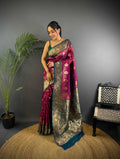 Sonakshi Women's Wine Banarasi Silk Zari Weaving Saree with Blouse | Grocsy