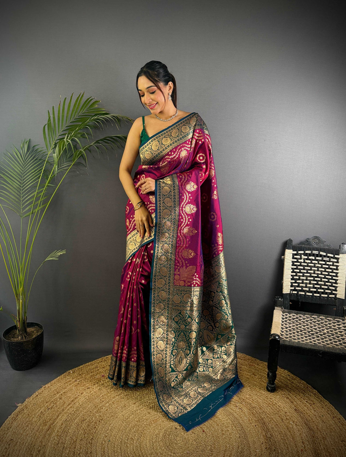 Sonakshi Women's Wine Banarasi Silk Zari Weaving Saree with Blouse | Grocsy