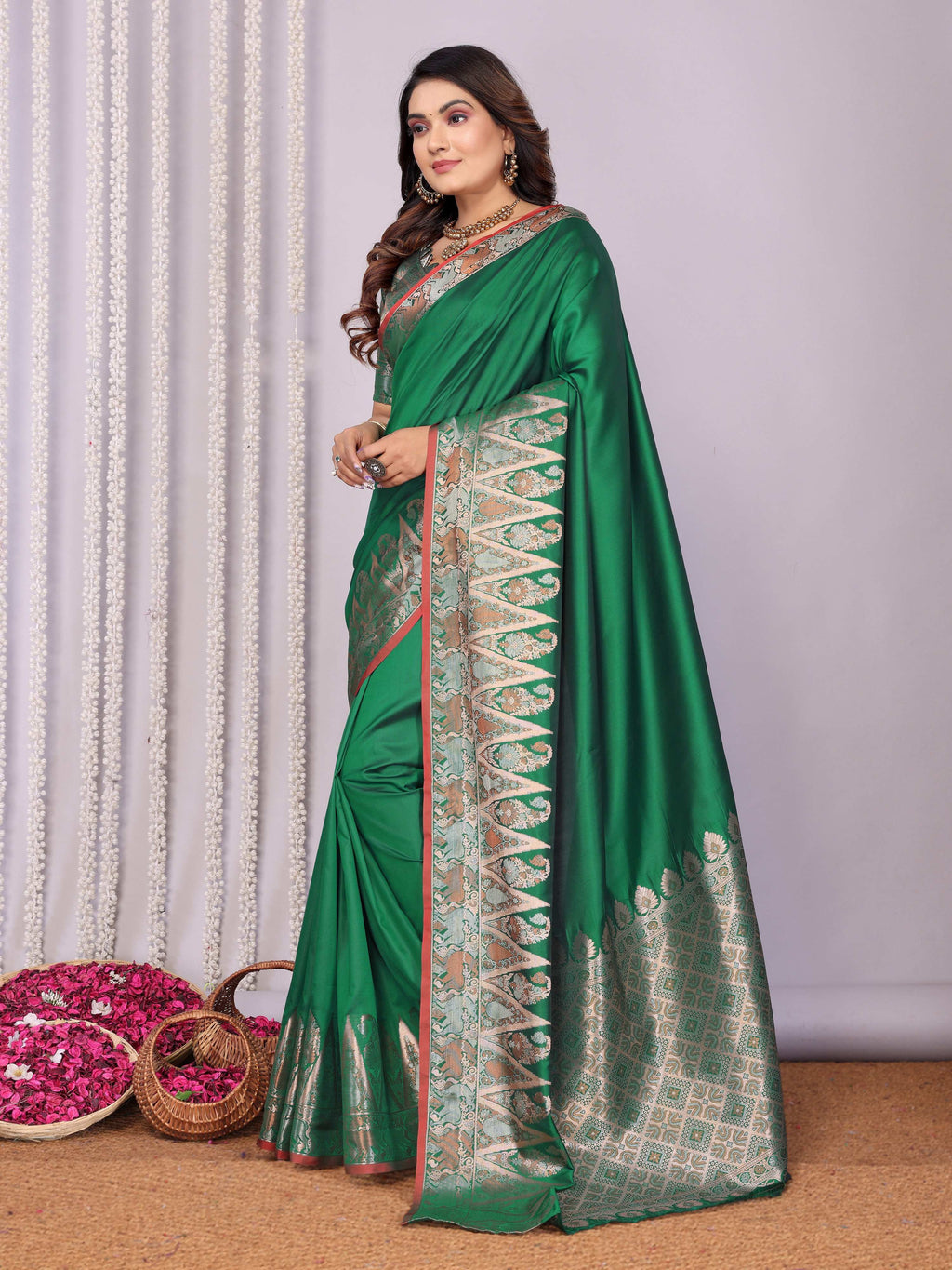 Sonakshi Women's Green Soft Silk Zari Weaving Saree with Blouse | Grocsy