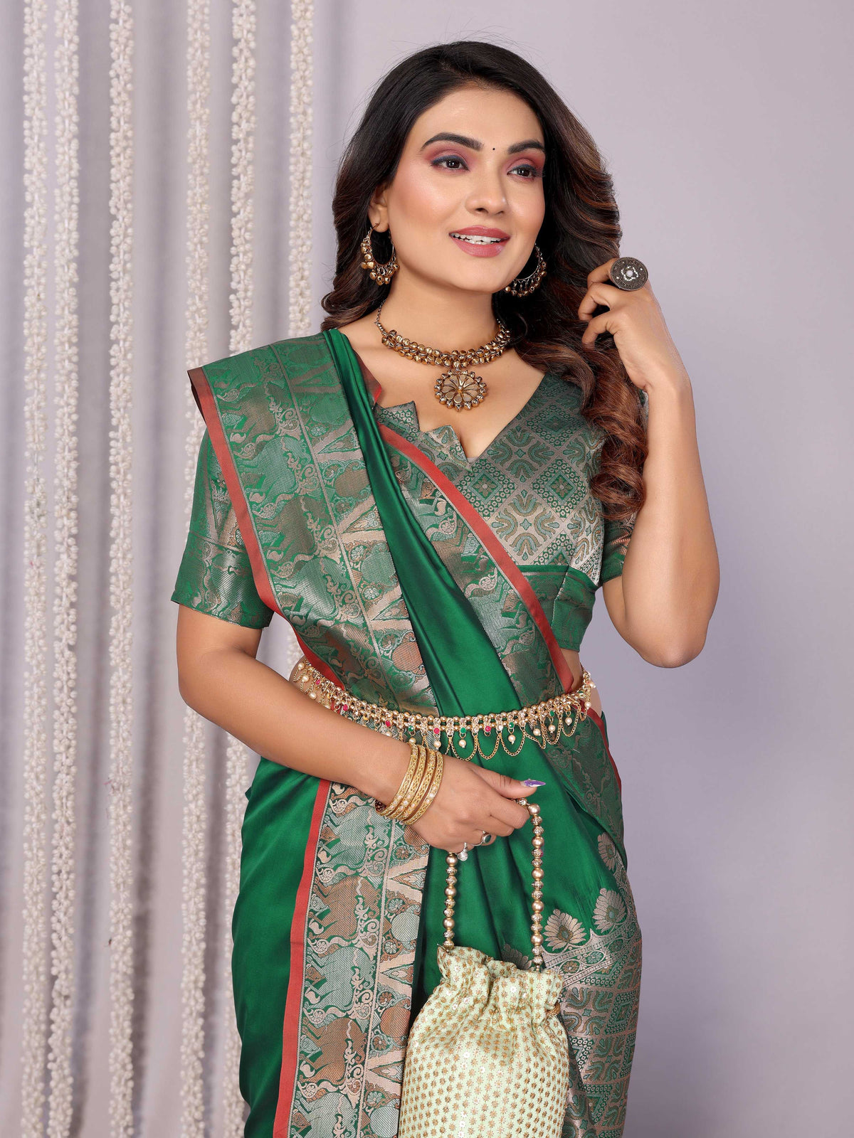 Sonakshi Women's Green Soft Silk Zari Weaving Saree with Blouse | Grocsy