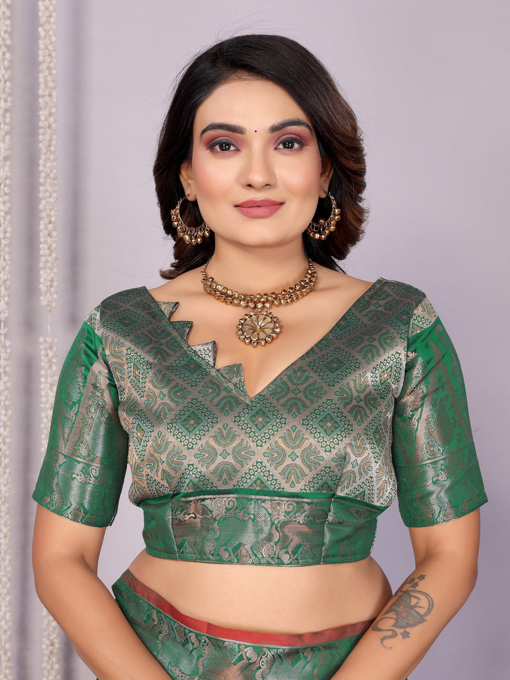 Sonakshi Women's Green Soft Silk Zari Weaving Saree with Blouse | Grocsy