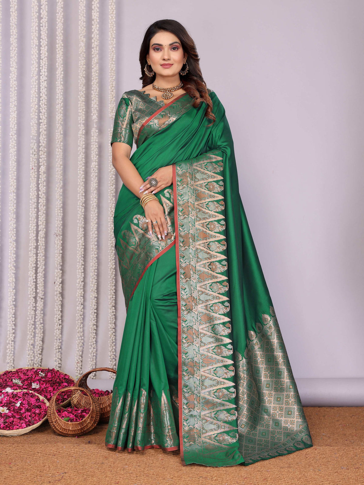 Sonakshi Women's Green Soft Silk Zari Weaving Saree with Blouse | Grocsy