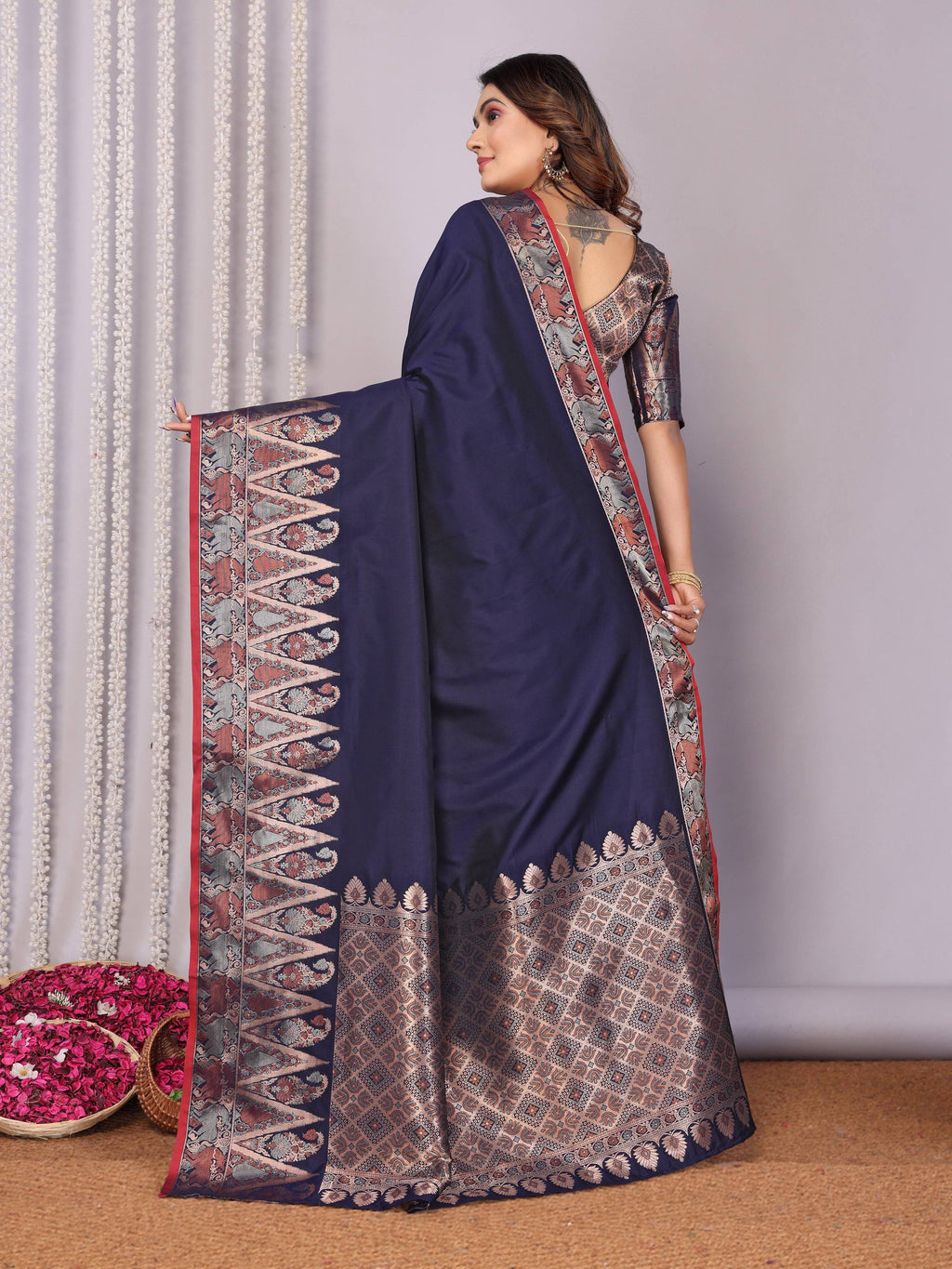 Sonakshi Women's Navy Blue Soft Silk Zari Weaving Saree with Blouse | Grocsy