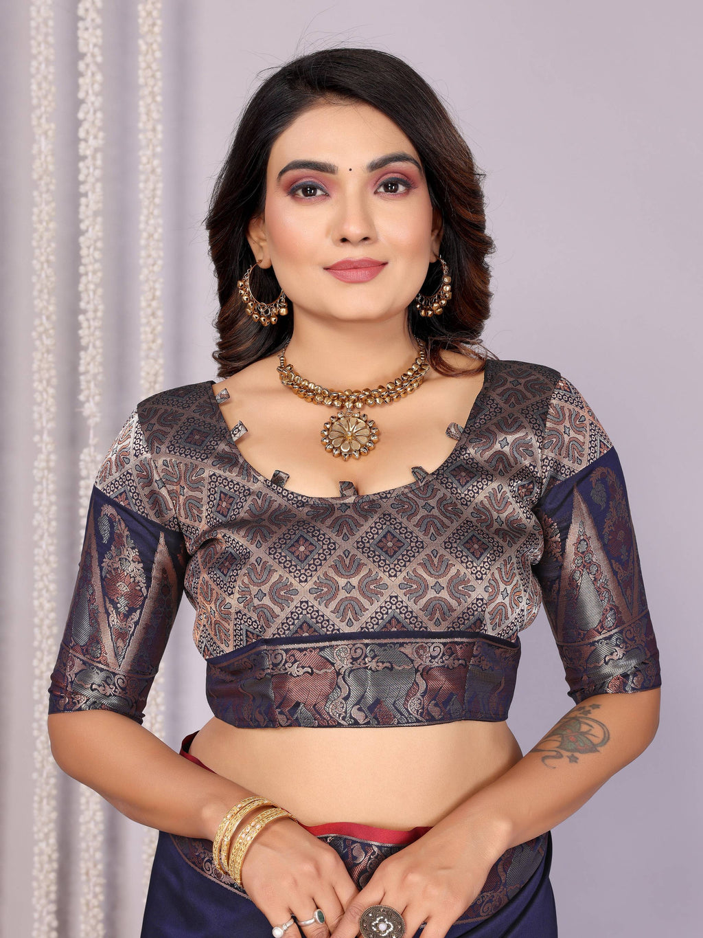 Sonakshi Women's Navy Blue Soft Silk Zari Weaving Saree with Blouse | Grocsy