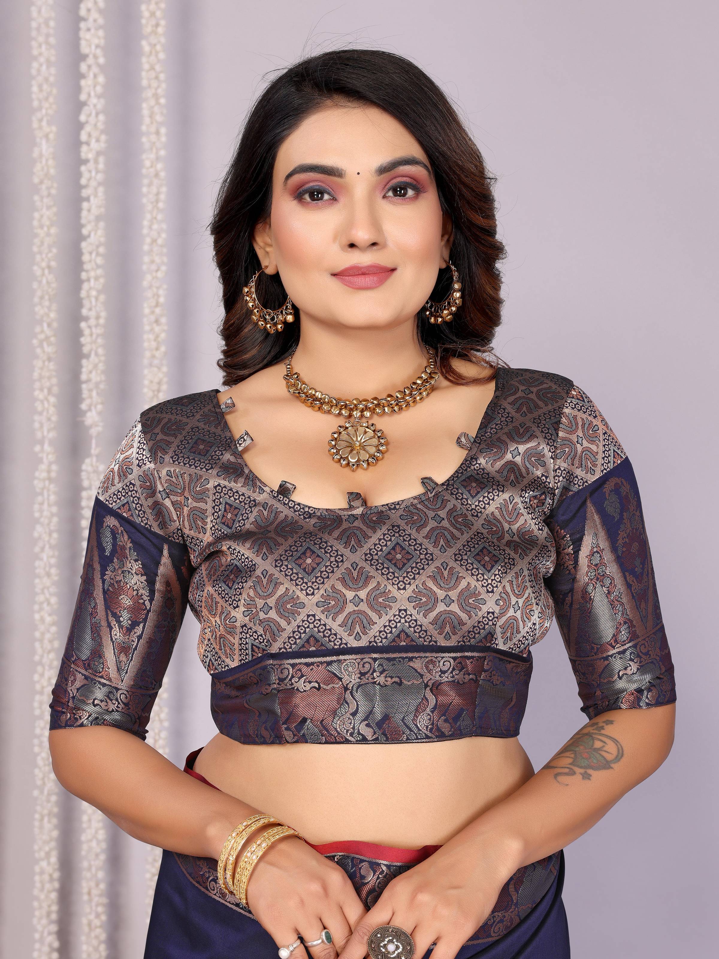 Sonakshi Women's Navy Blue Soft Silk Zari Weaving Saree with Blouse | Grocsy
