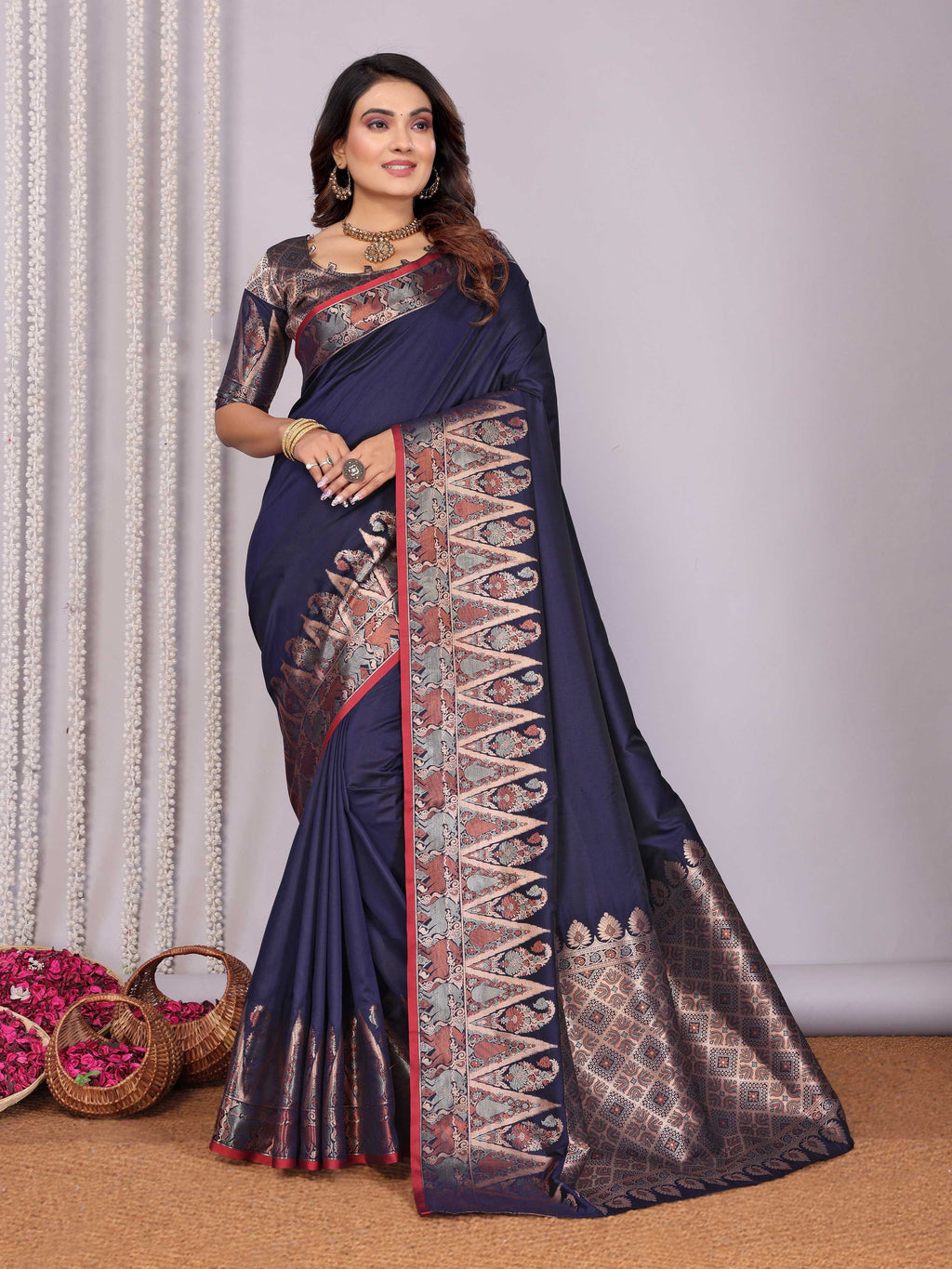 Sonakshi Women's Navy Blue Soft Silk Zari Weaving Saree with Blouse | Grocsy