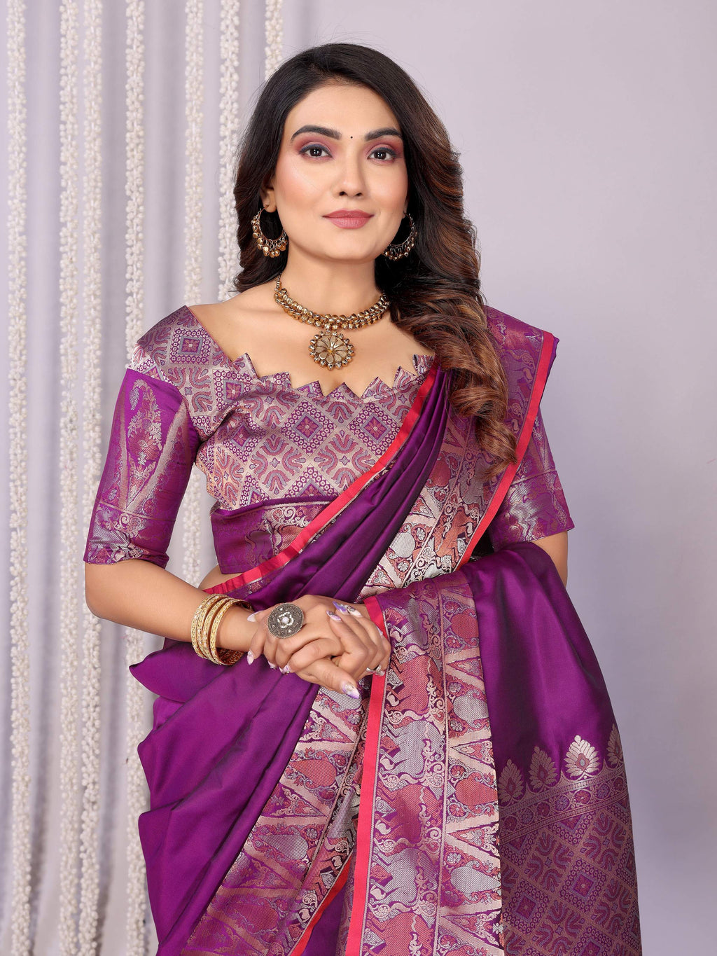 Sonakshi Women's Lavender Soft Silk Zari Weaving Saree with Blouse | Grocsy