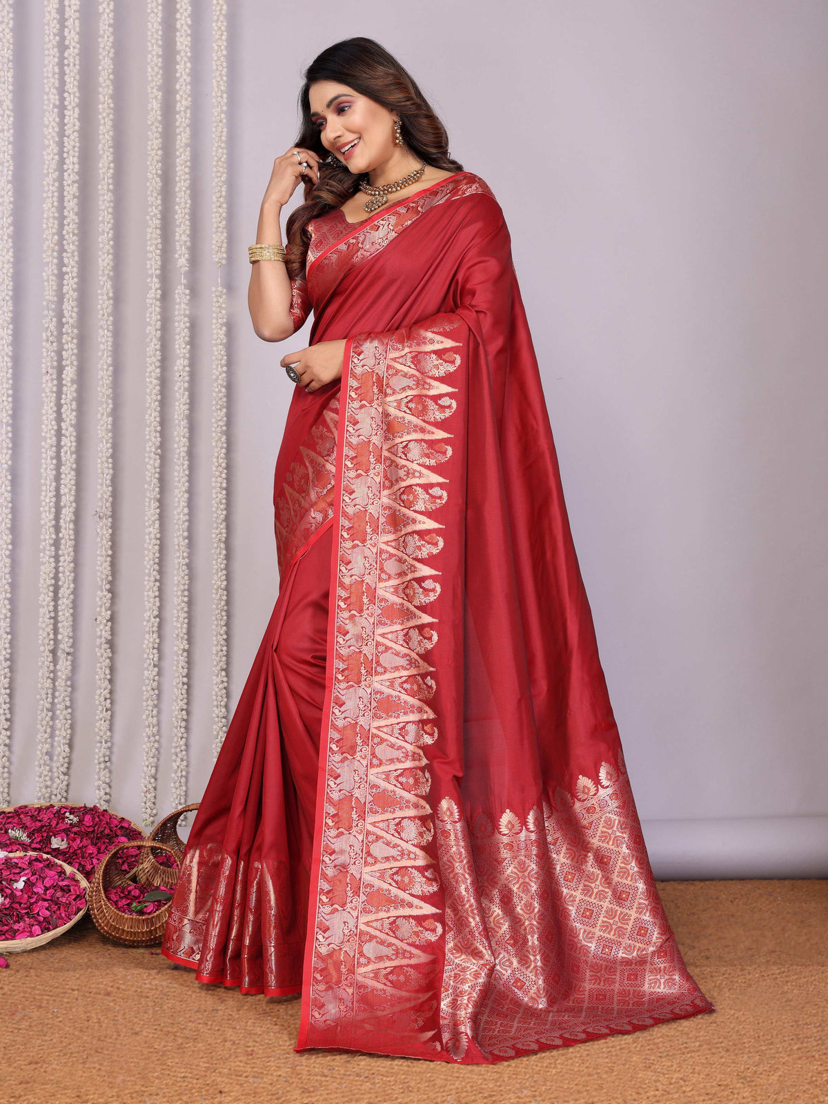 Sonakshi Women's Maroon Soft Silk Zari Weaving Saree with Blouse | Grocsy