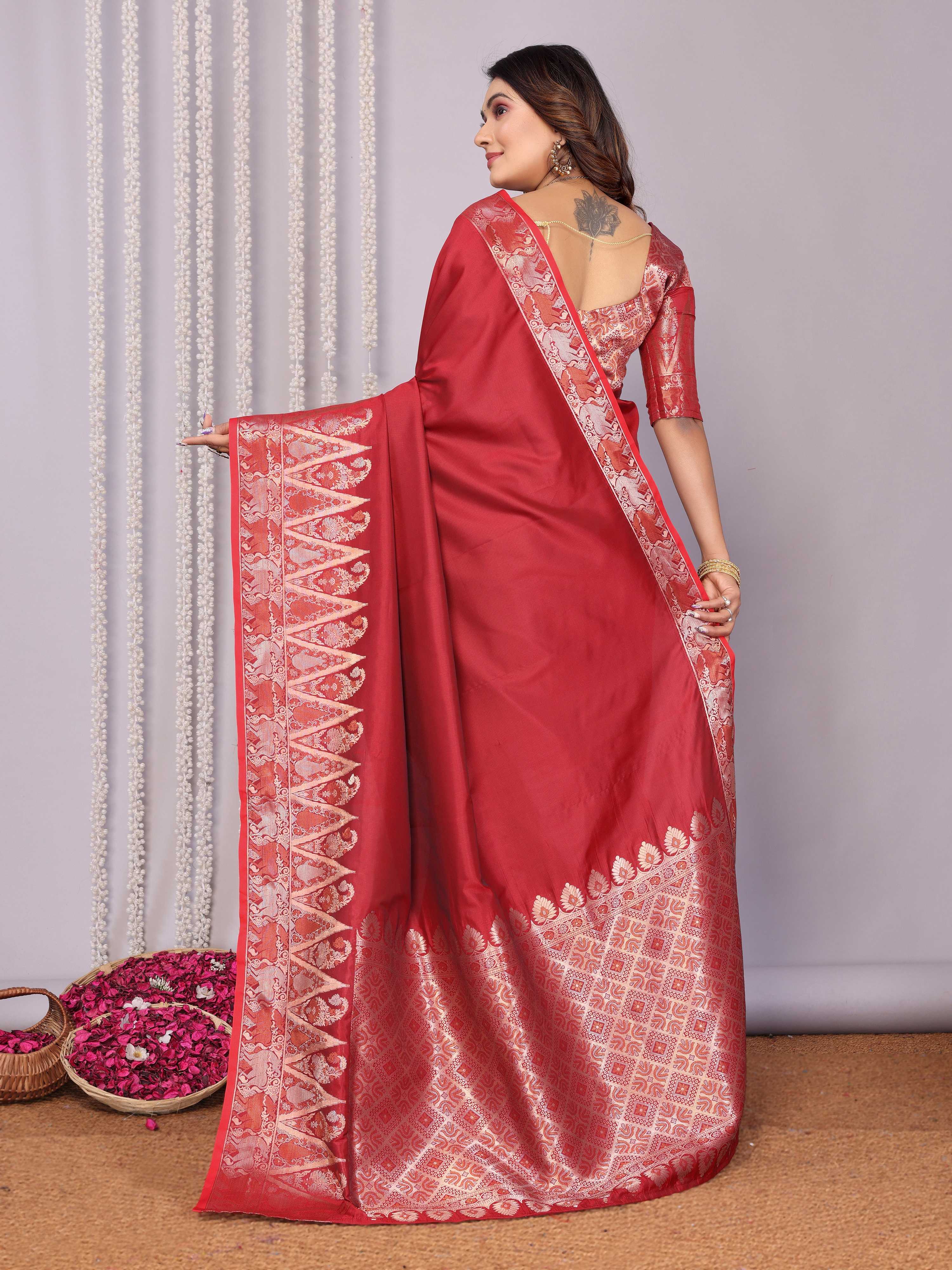 Sonakshi Women's Maroon Soft Silk Zari Weaving Saree with Blouse | Grocsy