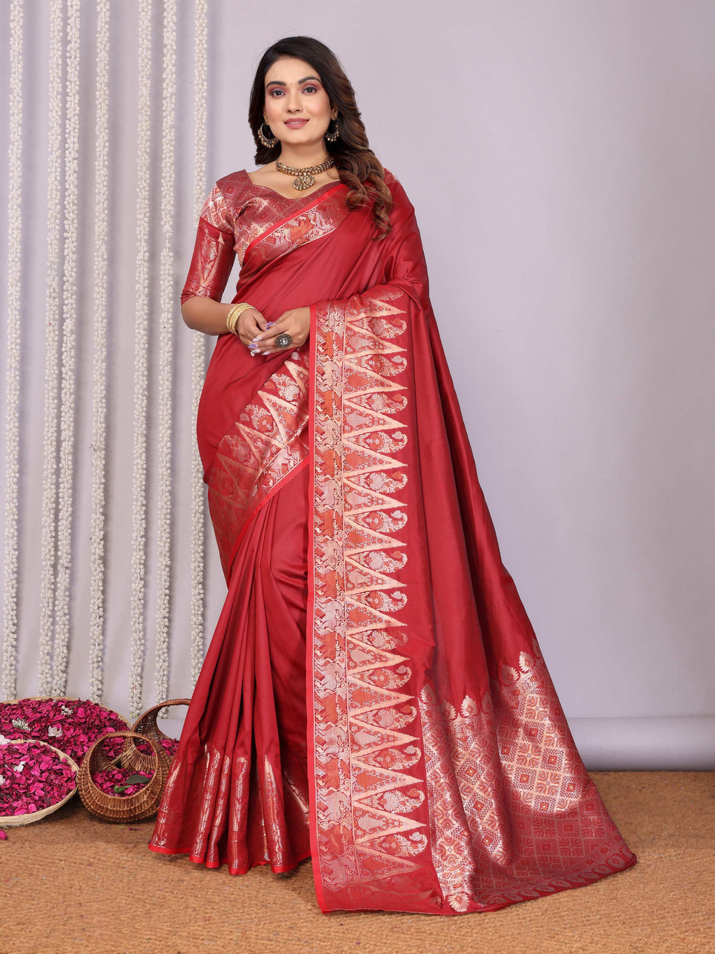 Sonakshi Women's Maroon Soft Silk Zari Weaving Saree with Blouse | Grocsy