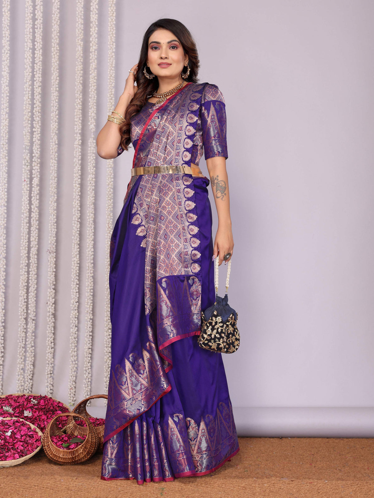 Sonakshi Women's Royal Blue Soft Silk Zari Weaving Saree with Blouse | Grocsy