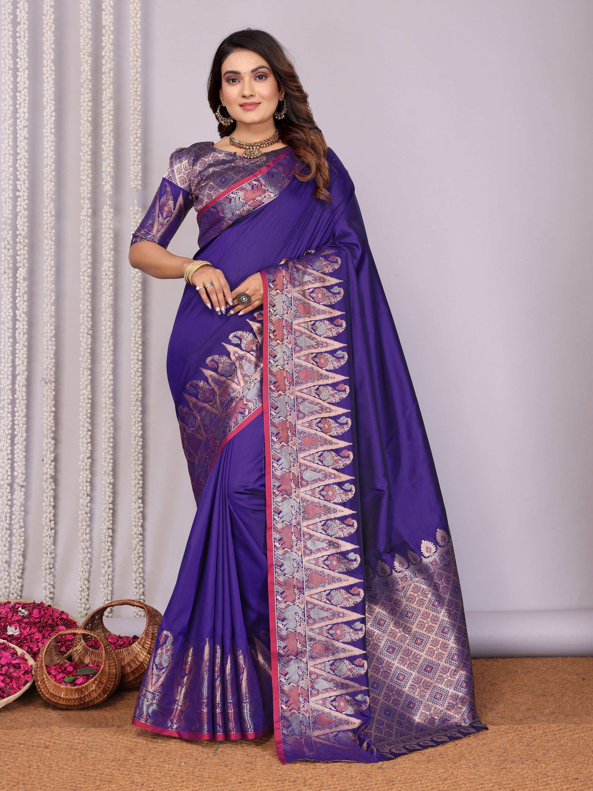 Sonakshi Women's Royal Blue Soft Silk Zari Weaving Saree with Blouse | Grocsy