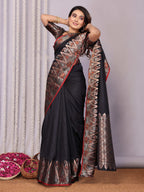 Sonakshi Women's Black Soft Silk Zari Weaving Saree with Blouse | Grocsy