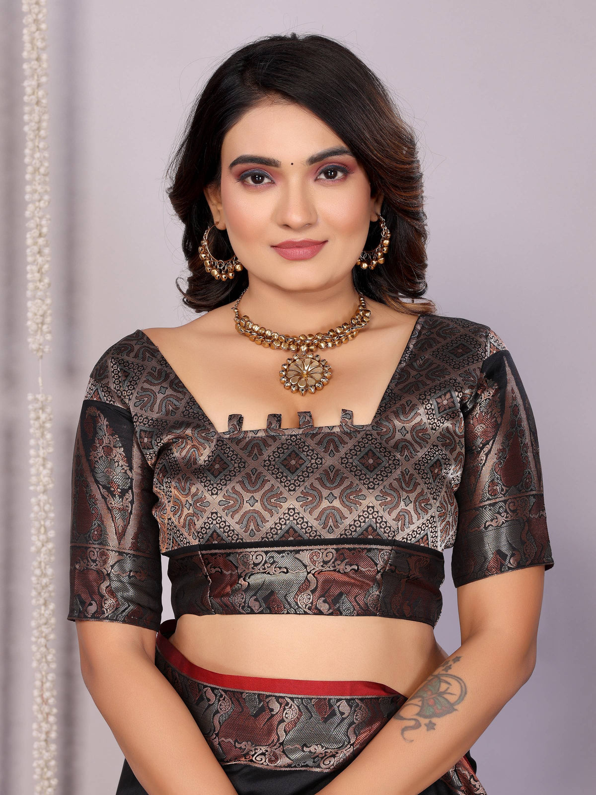 Sonakshi Women's Black Soft Silk Zari Weaving Saree with Blouse | Grocsy