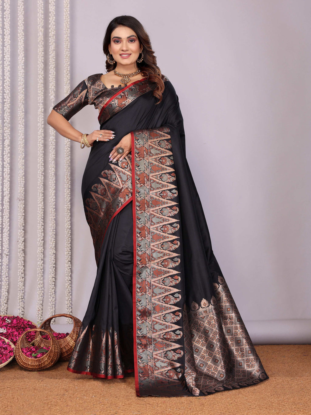 Sonakshi Women's Black Soft Silk Zari Weaving Saree with Blouse | Grocsy