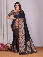 Sonakshi Women's Black Soft Silk Zari Weaving Saree with Blouse | Grocsy